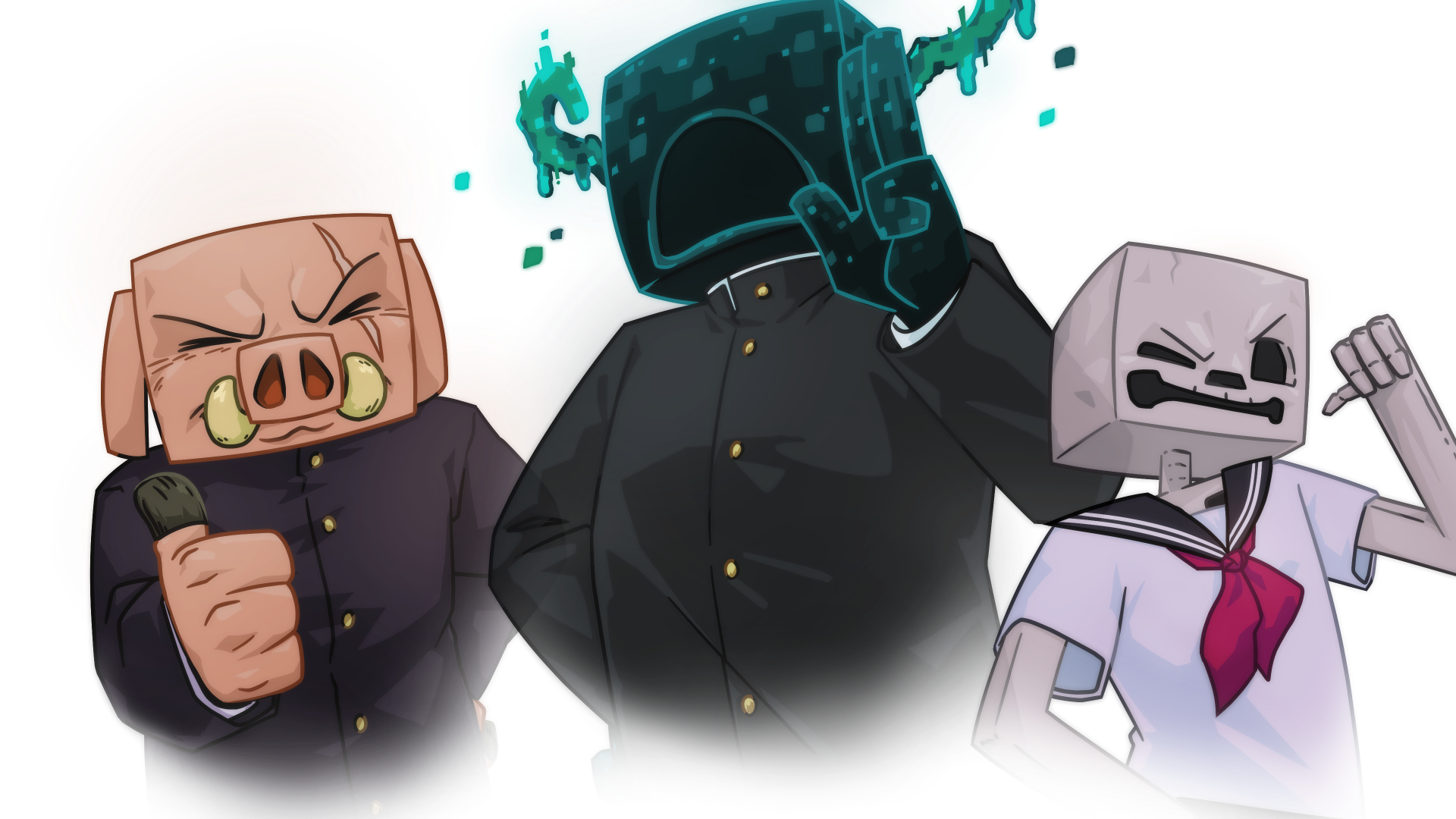 3 minecraft hostile mobs in Japanese school uniforms