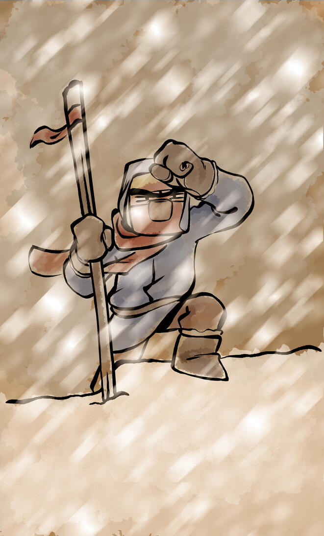 Minecraft Wandering Trader villager climbing a mountain in a snow storm