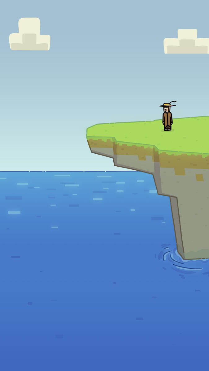 Stylized Minecraft Cliff above a sea, with a farming villager standing on top of it